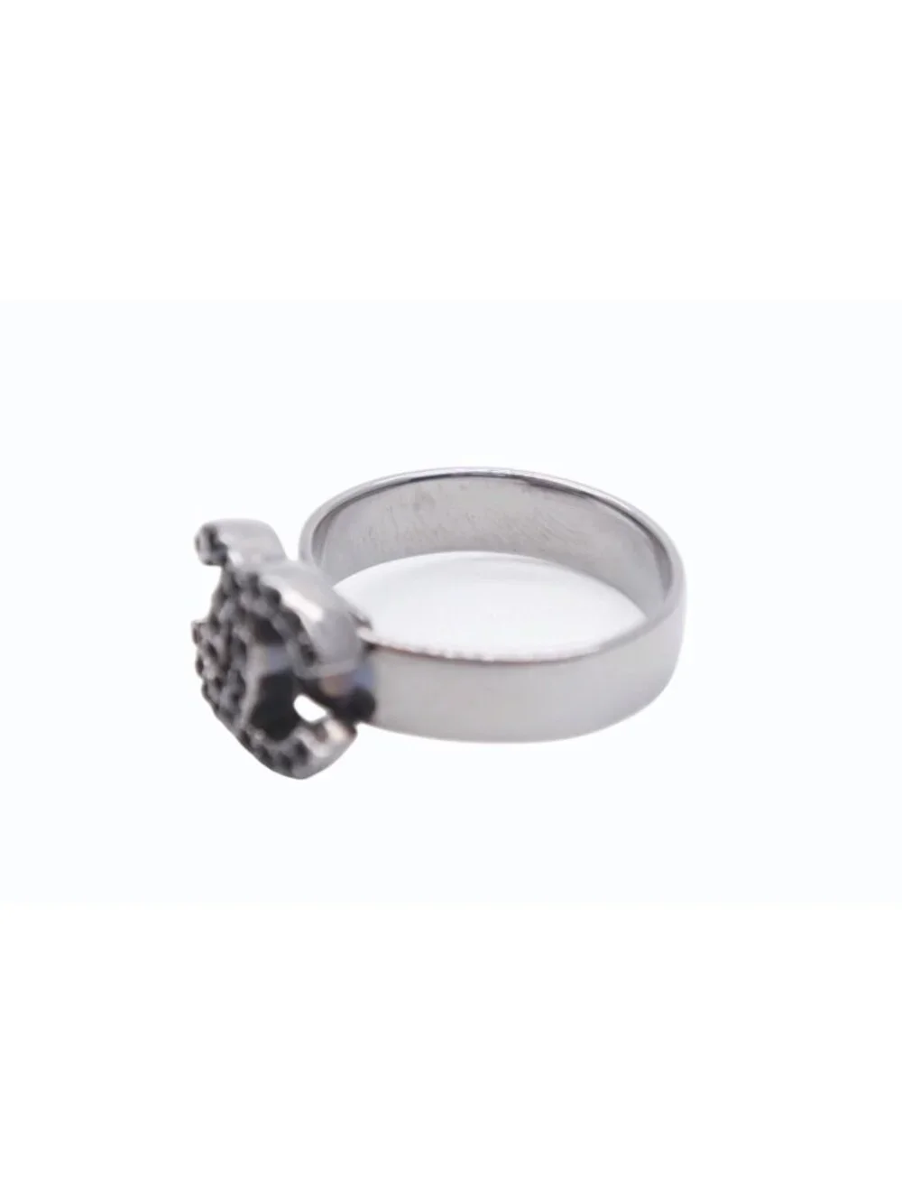 Chanel CC Logo Ring Rhinestone Metal Silver Black